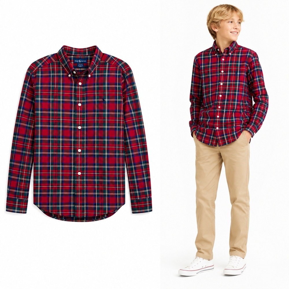 Ralph Lauren Button Down Boys L 14-16 Red Tartan Plaid Long Sleeve Shirt Prep‎